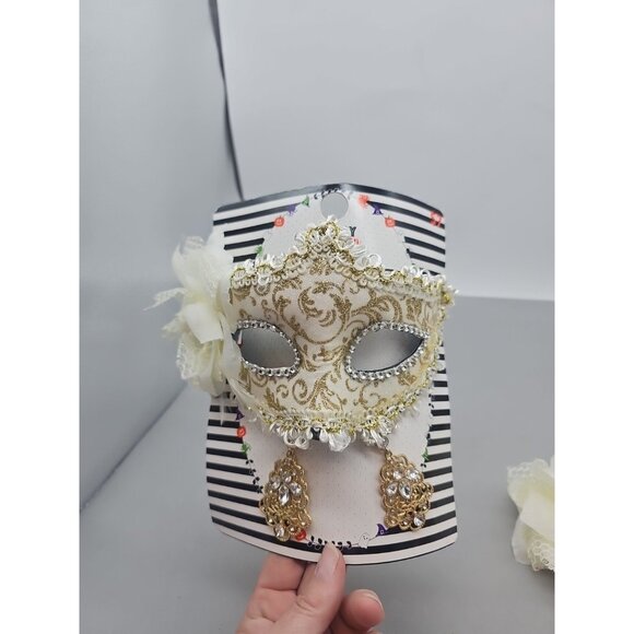 Womans Halloween Masquerade Ball Mask Gold White W/ Jeweled Matching Earrings - Picture 1 of 5